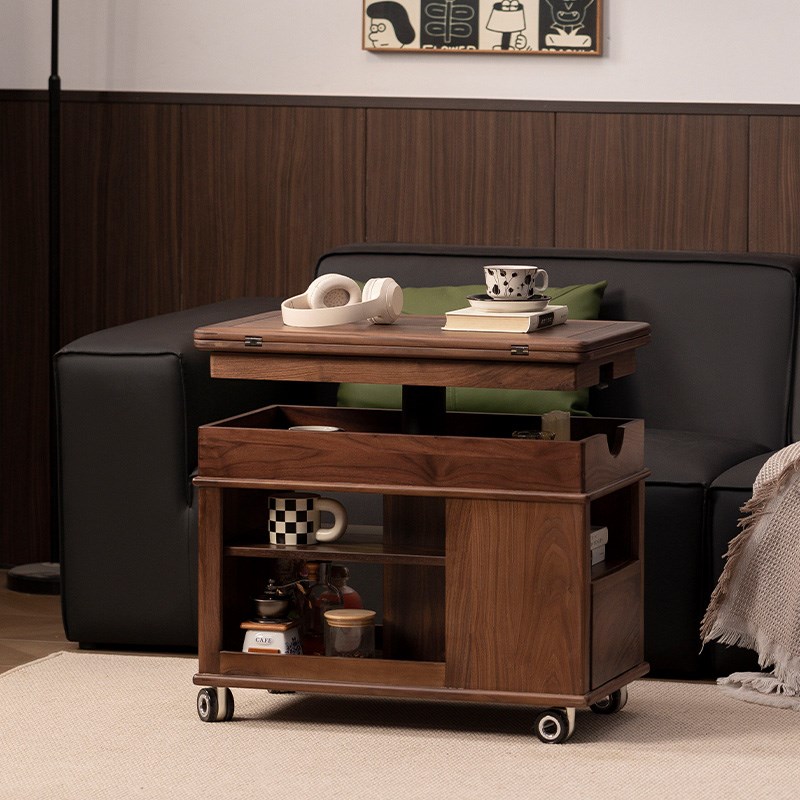 黑胡桃木可移动折叠边几家用客厅小户型升降实木茶几小桌子小推车