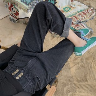 宽松显瘦老爹裤 胖妹妹mm多扣高腰牛仔直筒春夏薄款 200斤 女装 大码
