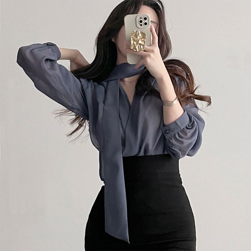 气质微透飘带雪纺衬衫女春夏显瘦轻熟御姐黑色女人味性感薄纱上衣