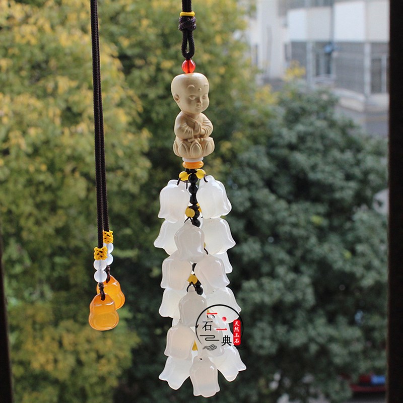 高档玉石车挂天然冰种玛瑙玉髓葫芦黄杨木笑佛汽车后视镜挂件男女