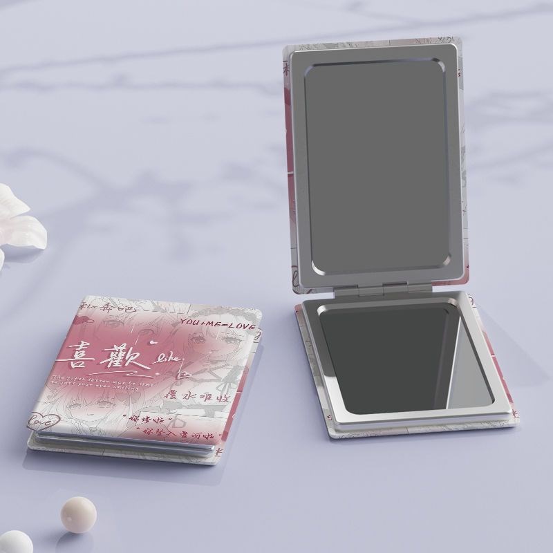 渐变二次元迷你可爱折叠PU小镜子时尚便携长方形双面镜随身化妆镜