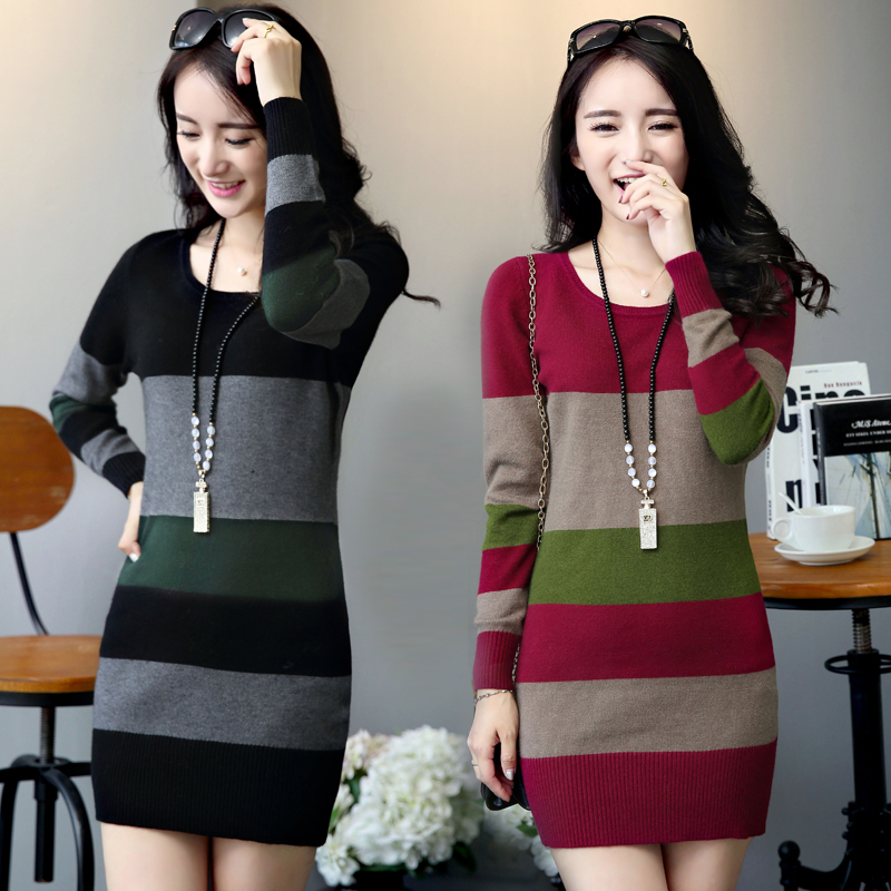 春秋冬女装针织衫大码毛衣女中长款修身显瘦包臀连衣裙打底衫潮