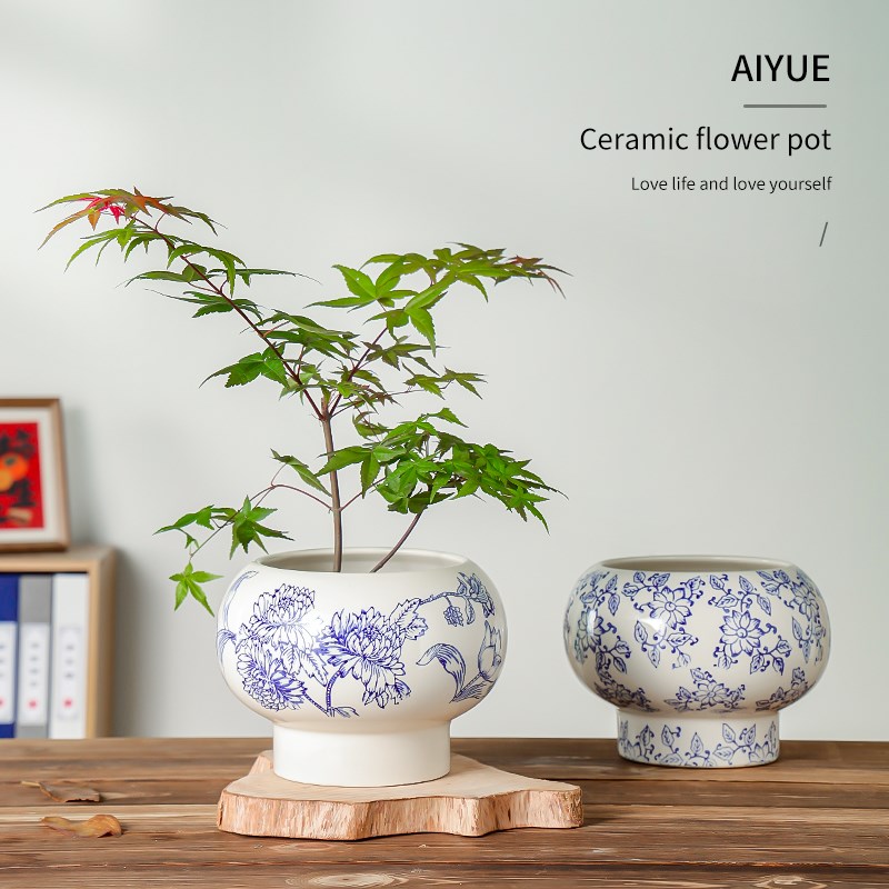 中国风青花瓷花盆陶瓷高脚手绘轻奢高级感球形蝴蝶兰流泉枫专用盆