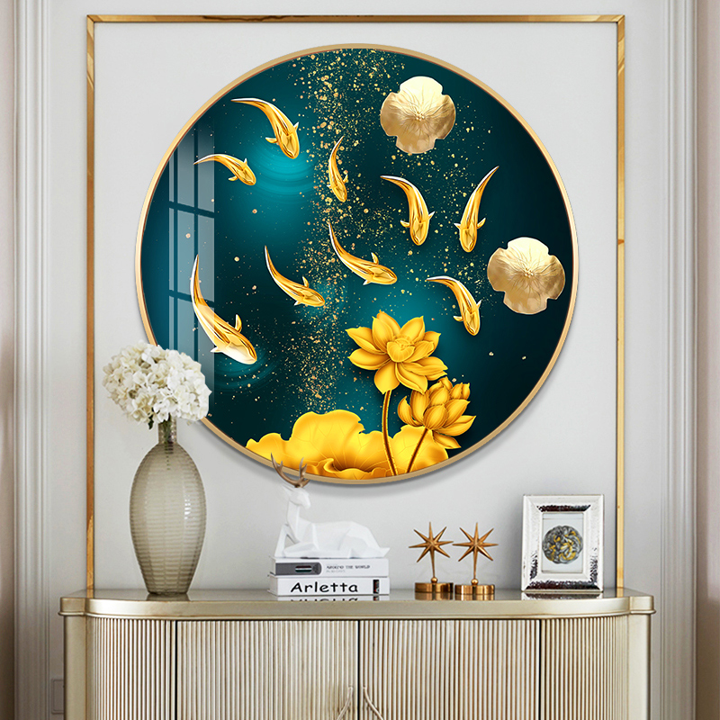 北欧入户玄关圆形装饰画招财鹿九鱼晶瓷壁画餐厅挂画走廊过道墙画图片