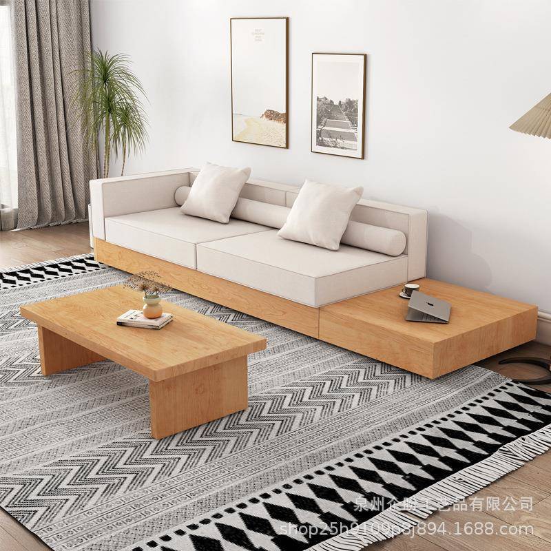 新款美式实木沙发 家用榻榻米客厅侘寂风地台 民宿原木布艺沙发椅