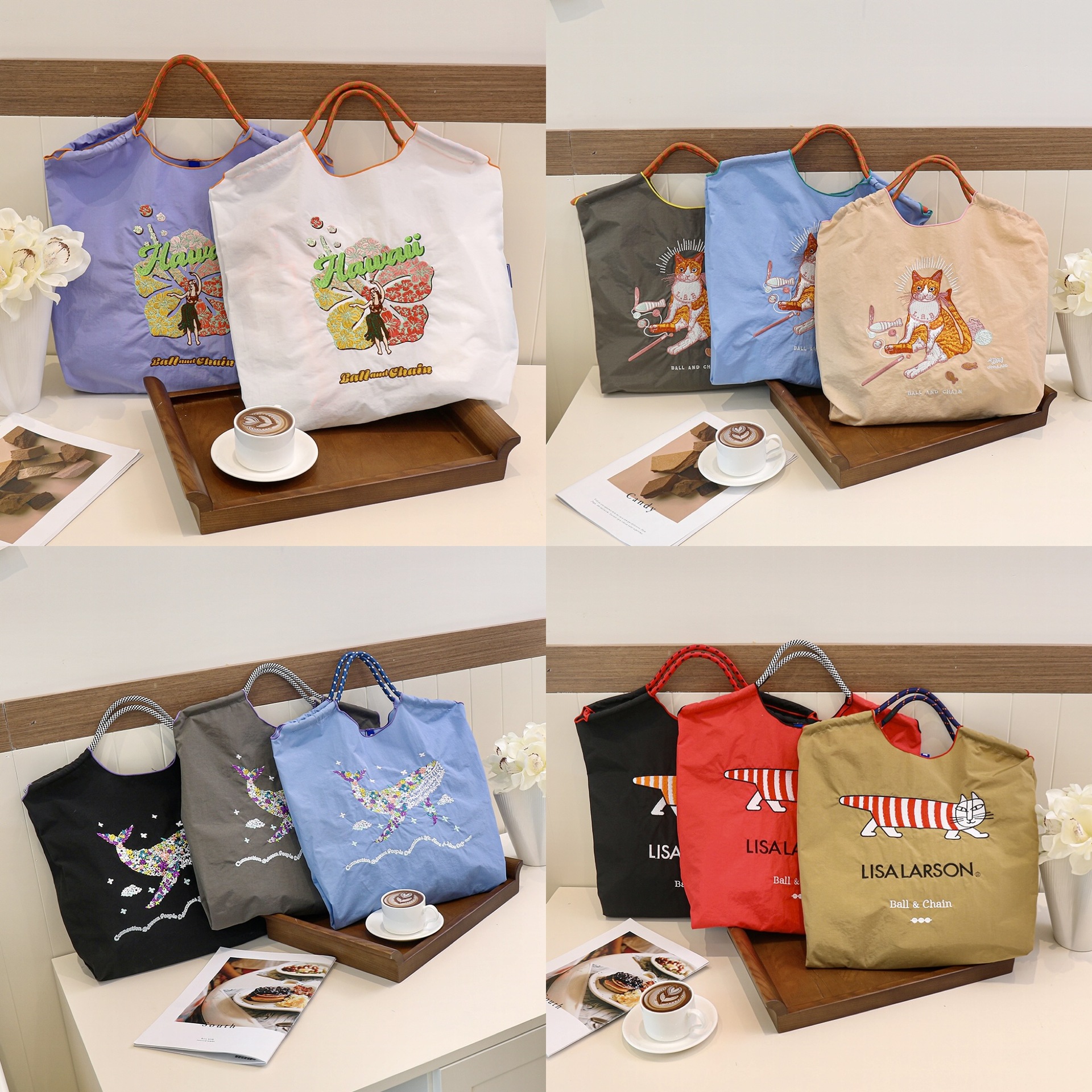 新款小众百搭ballchain刺绣环保尼龙单肩购物袋手提大容量斜挎包