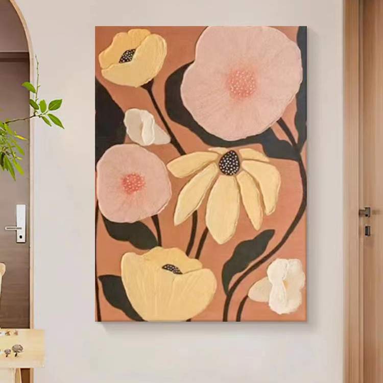 纯手绘抽象花卉装饰画高档餐厅挂画现代简约客厅玄关大尺寸落地画图片