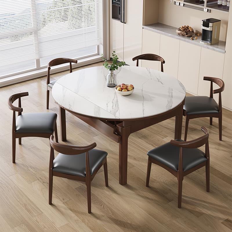 岩板餐桌椅组合家用现代简约小户型折叠伸缩圆桌全实木橡胶木饭桌