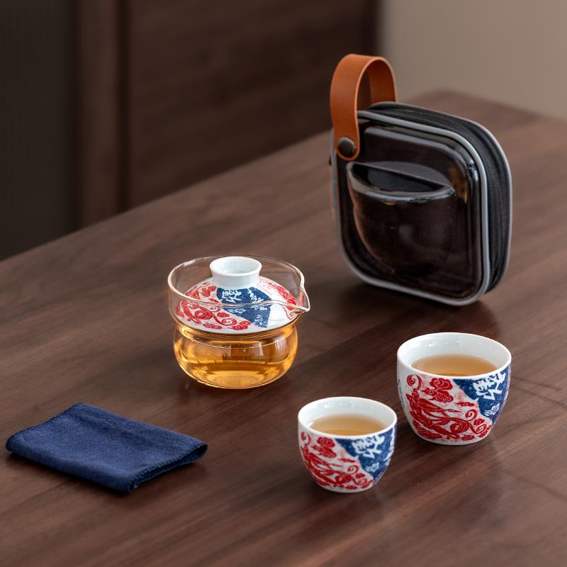 青花旅行茶具套装便携式一壶两杯轻奢高档户外旅游露营陶瓷快客杯