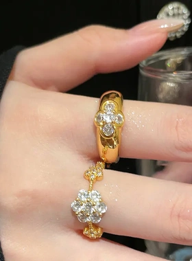真金电镀锆石花朵开口戒指时尚轻奢高级感食指戒复古小众新款手饰