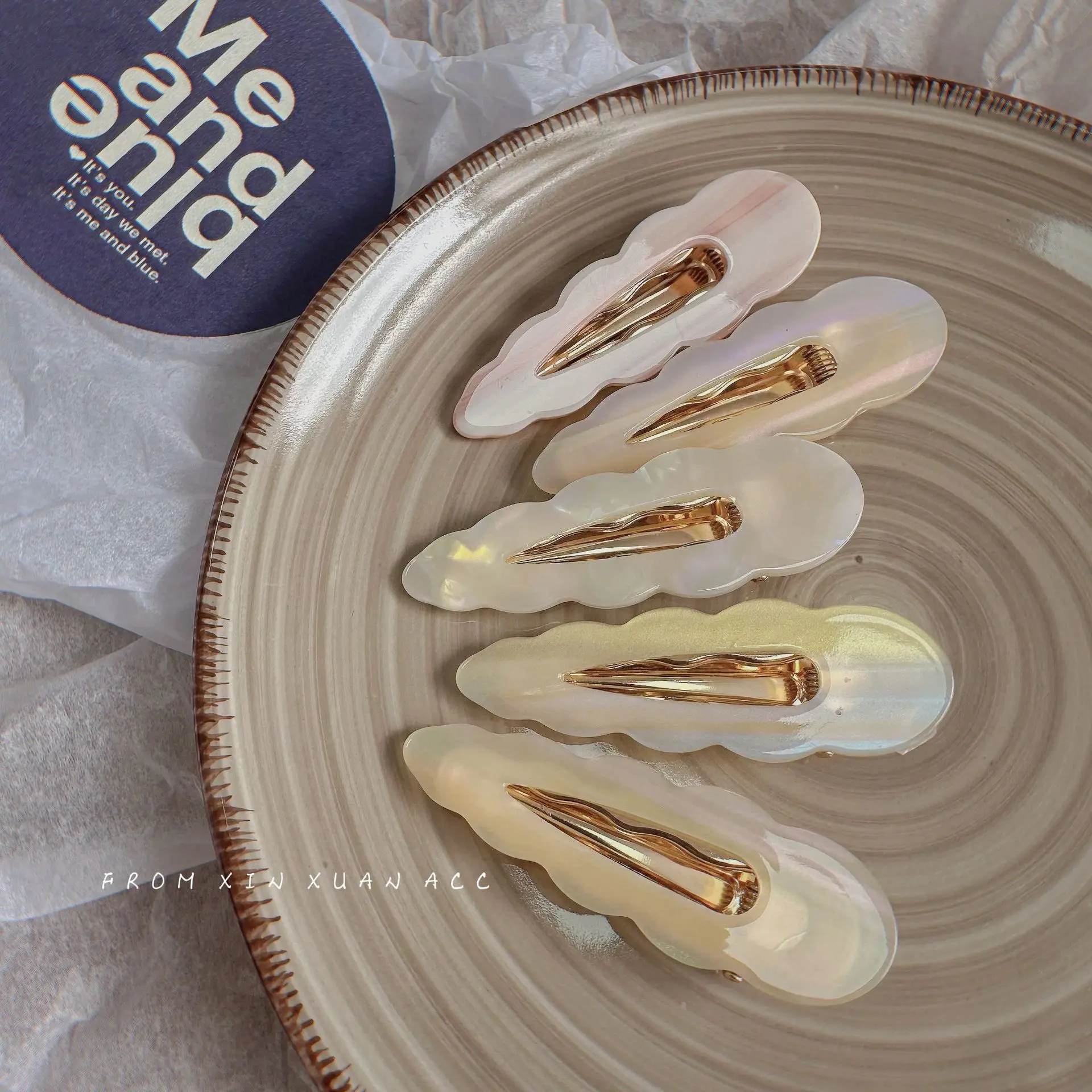 清爽配色复古设计感醋酸波浪花边发夹碎发刘海侧边夹鸭嘴夹发卡