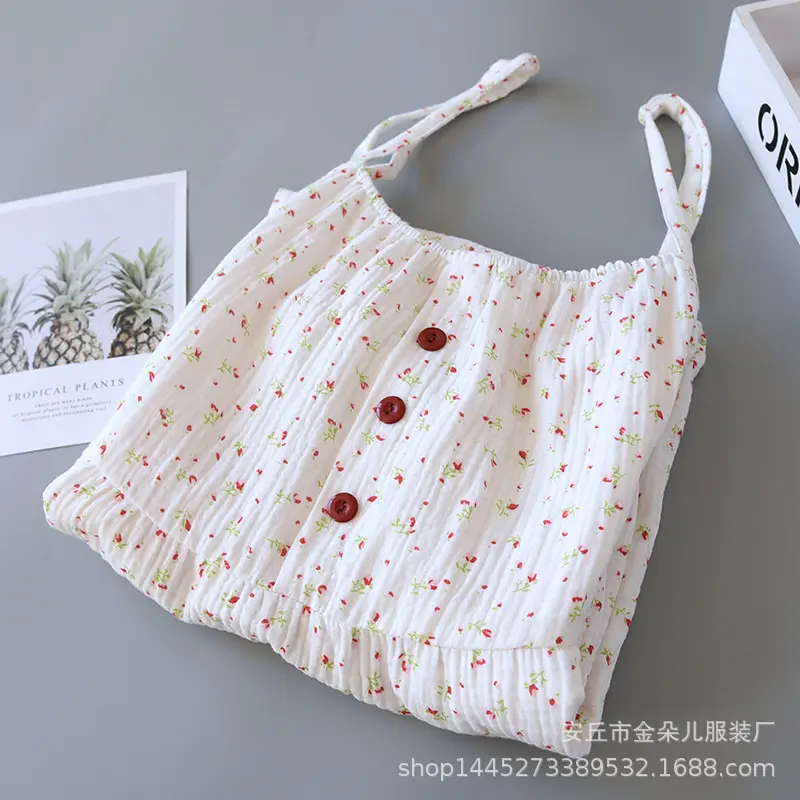 吊带睡裙白色波点睡衣女生夏一字领可爱棉舒适透气宽松家居服