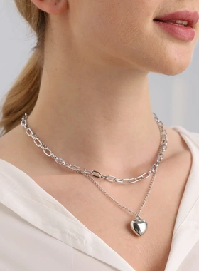 欧美 简约双层叠戴回形链爱心项链饰品女 原宿风嘻哈桃心项饰