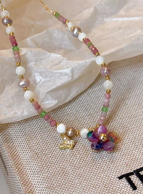 贝珠红纹石锆石串珠花朵项链春夏小清新甜美颈链时尚设计项饰