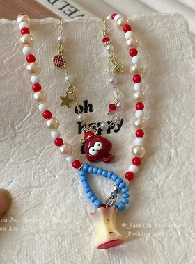 滴油铃铛小蛇人造珍珠项链秋冬可爱吊坠锁骨链小众ins设计耳饰女