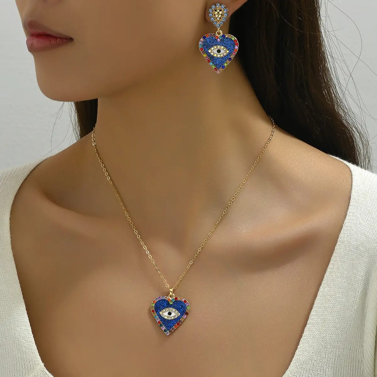 简约百搭镶彩钻爱心耳环项链女士套装个性设计长款项链