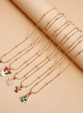 欧美圣诞项链 气质复古圆蛇锁骨链项饰 百搭滴油圣诞老人雪花项链