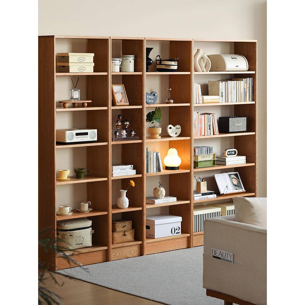 管木匠北欧实木落地书架原木整墙书柜樱桃木书房收纳原木展示置物