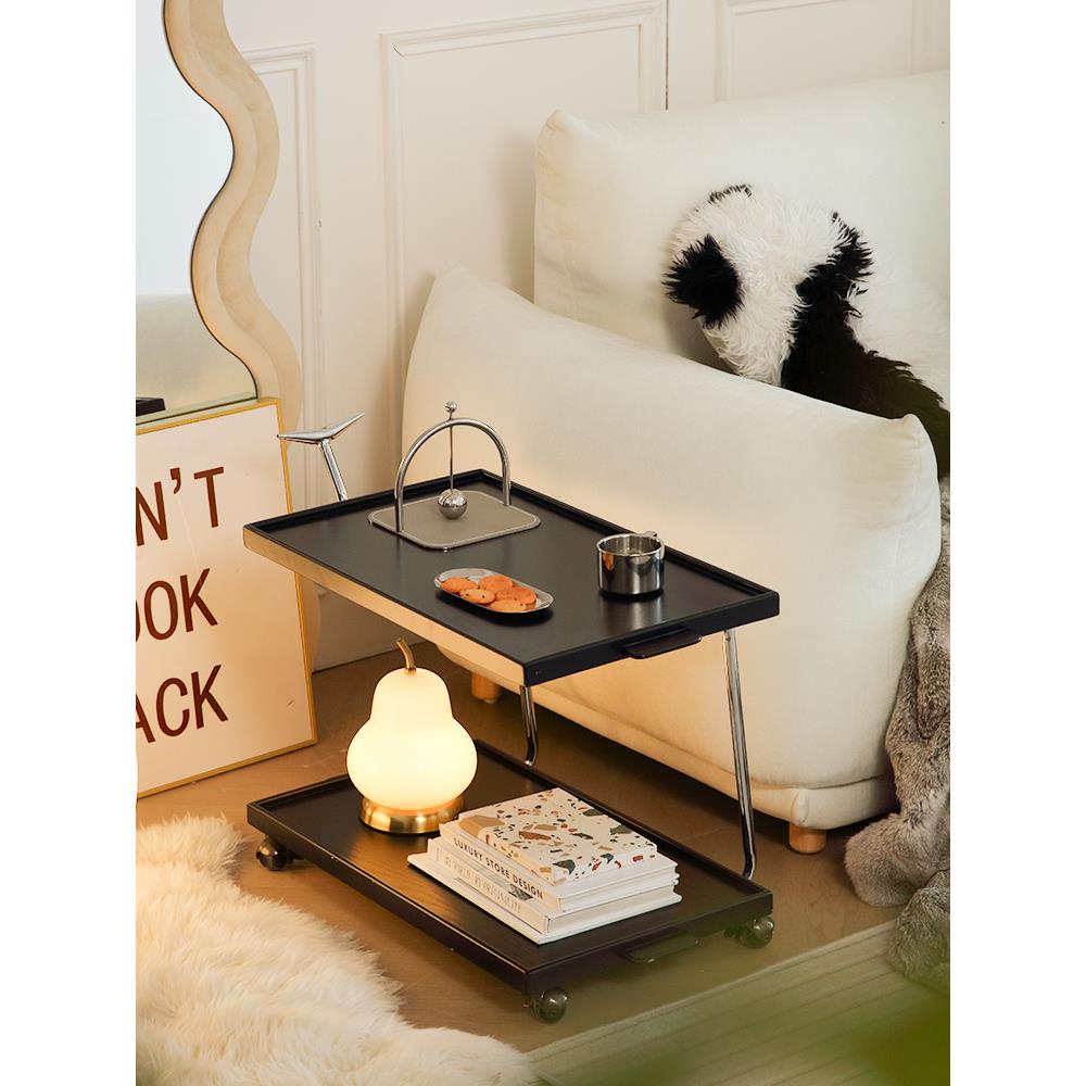 中古实木推车可移动沙发边几覆古茶几不锈钢收纳带轮床头柜置物架