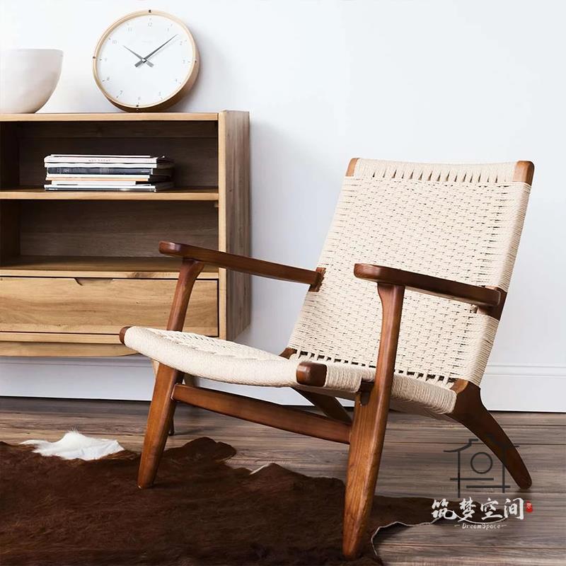 北欧ins实木藤编织躺椅单人沙发椅懒人客厅阳台休闲阅读椅设计师