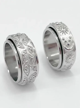 热销可转动钛钢男士戒指日月星辰铸造不锈钢复古指环