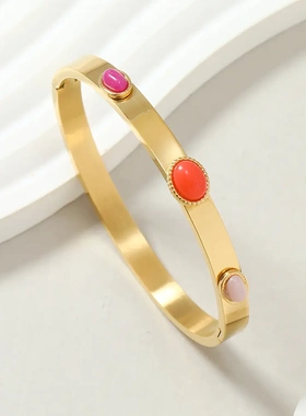 欧美风不锈钢饰品简约气质彩色宝石钛钢手镯戒指女不掉色轻手饰