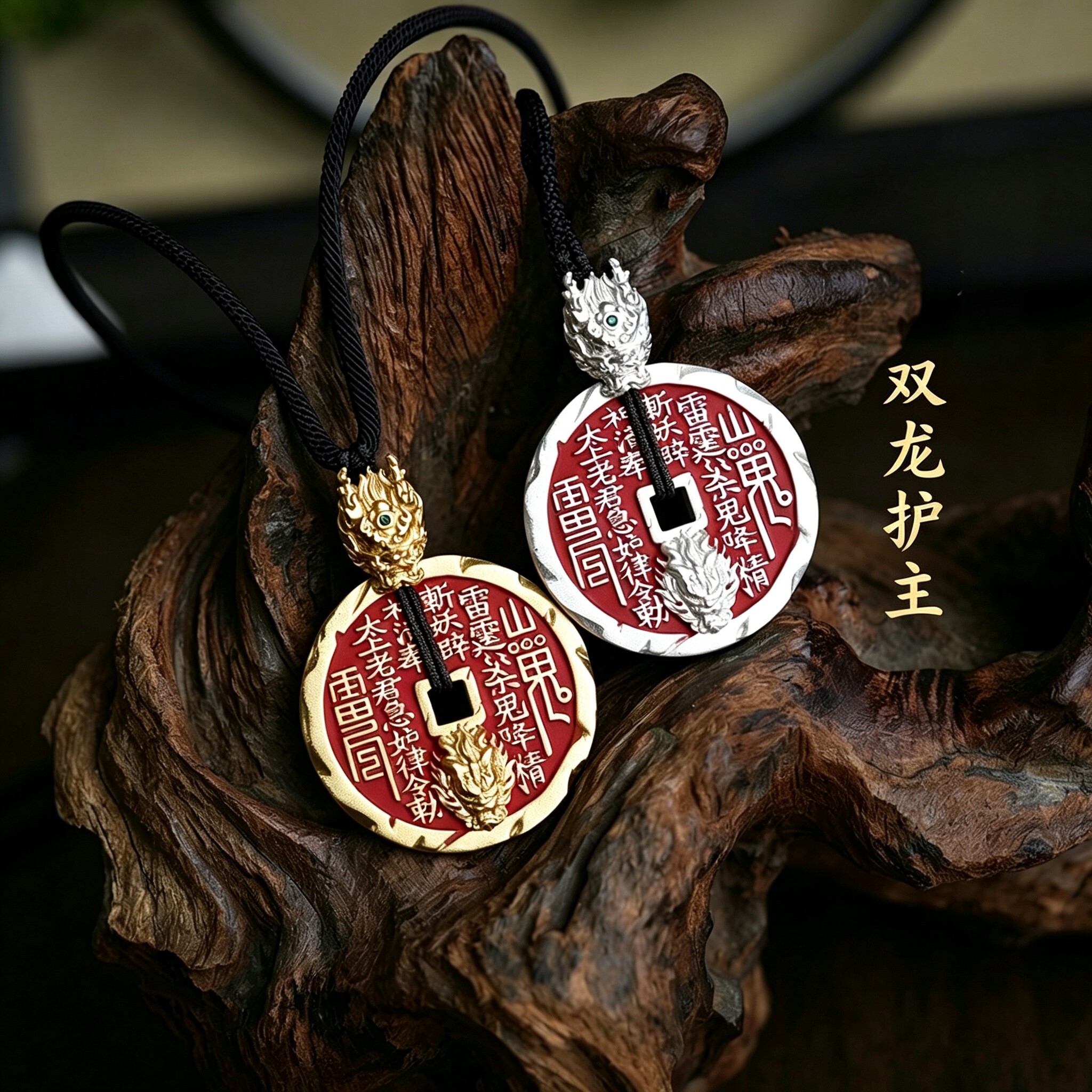 旗舰店【玉峰呈瑞】双龙护主山鬼花钱吊坠【万事清祥】黄铜挂件
