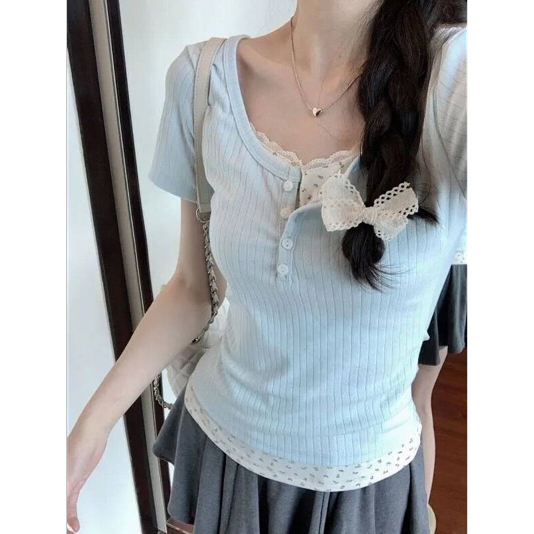 美式纯欲新款碎花假两件夏季辣妹上衣女短袖修身显瘦别致小众T恤