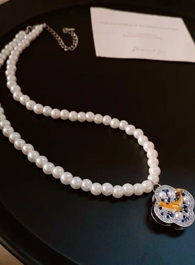 菱形滴油鲸鱼锆石花朵珍珠款项链法式复古锁骨链轻奢高级感项饰女