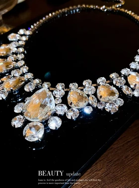 欧美夸张镶钻花朵水滴流苏项链个性设计感锁骨链网红气质项饰