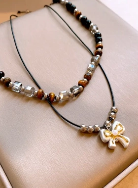 秋冬咖色几何人造虎眼石项链复古高级感锁骨链时尚轻奢风项饰