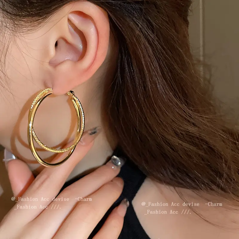 银针金属圆圈双层耳环欧美夸张气质耳圈小众简约高级感耳饰女