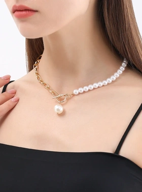 小众编织几何仿珍珠叠戴锁骨链百搭ot扣拼接链条简约复古串珠项链