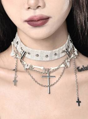 Broken bone原创 甜酷白色恶魔骨头项炼小众铆钉十字架choker颈饰