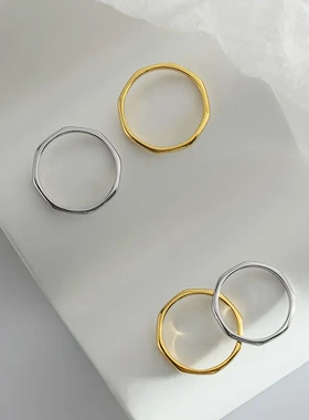 s925银菱形车花素圈戒指女极简个性冷淡风开口可调节食指环