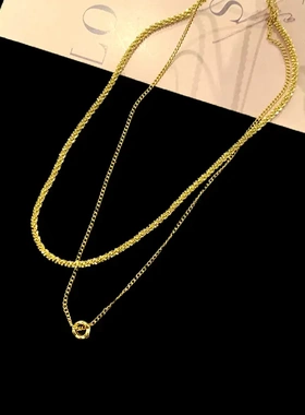 小众法式简约双层叠戴设计感锁骨链个性冷淡风小巧圆环吊坠毛衣链
