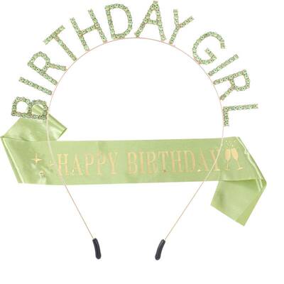 新款时尚绿色生日发箍肩带礼仪带 BIRTHDAY GIRL合金字母头箍派对
