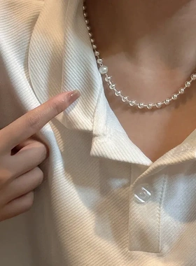 简约圆形几何珍珠款项链时尚潮流百搭锁骨链法式气质复古项饰