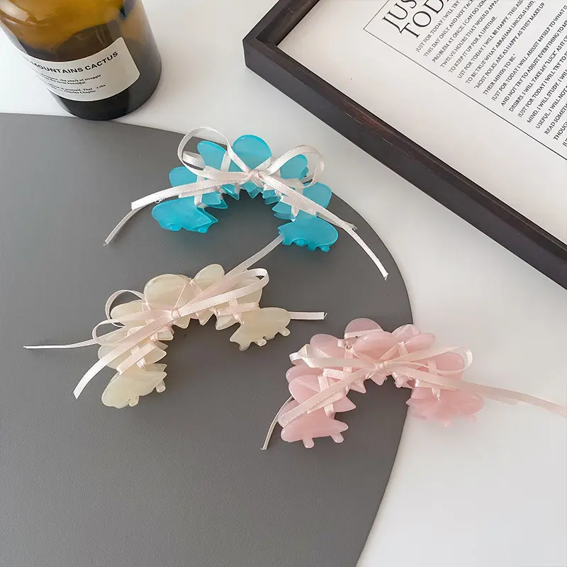 韩版甜美小众百搭芭蕾风丝带结醋酸抓夹后脑勺盘发夹发饰