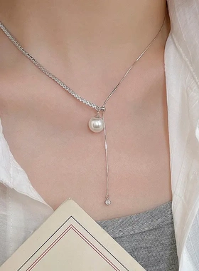 s925银轻奢珍珠项链女高级感可抽拉长款毛衣链颈链配饰