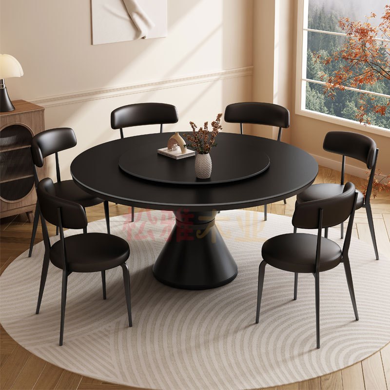 新式中古风岩板圆桌小户型餐桌椅组合圆形带转盘家用客厅吃饭桌子