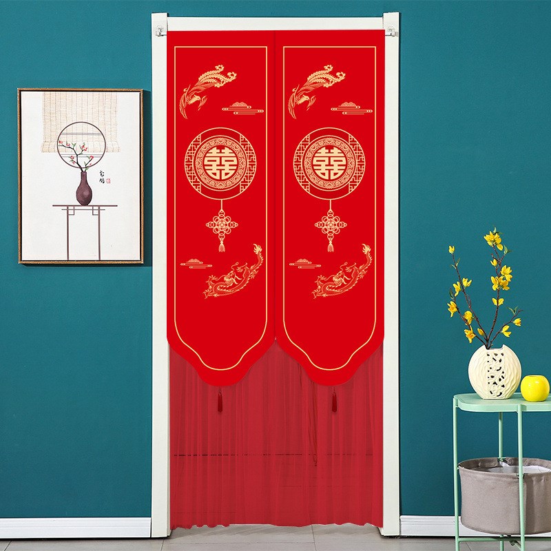 结婚红门帘婚房装饰大红色喜庆婚庆卧室隔断帘免打孔门帘喜字挂帘