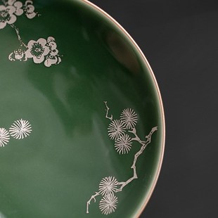 竹 松 青璃茶点盘陶瓷高脚果盘干果碟客厅家用水果盘 梅 岁寒三友