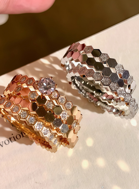 韩秀娜小众设计蜂巢排钻戒指女轻奢蜂窝纹多层高级感时尚素圈指环