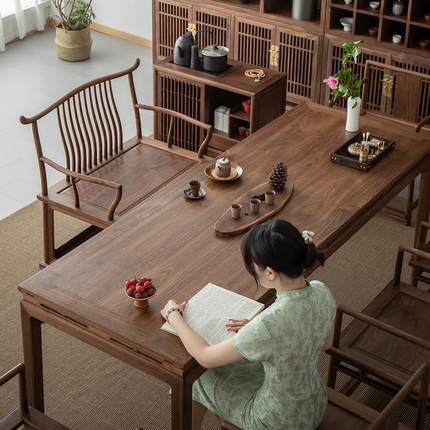 新中式实木茶桌椅组合套装禅意明式黑胡桃木大板办公茶台家具家具
