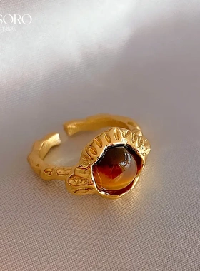 美拉德风人造虎眼石款开口戒指复古个性食指戒气质时级感手饰