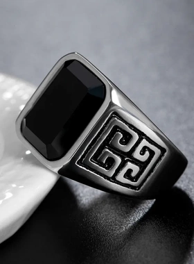 r1-03 长城纹简约玛瑙宝石男士钛钢戒指 欧美 饰品