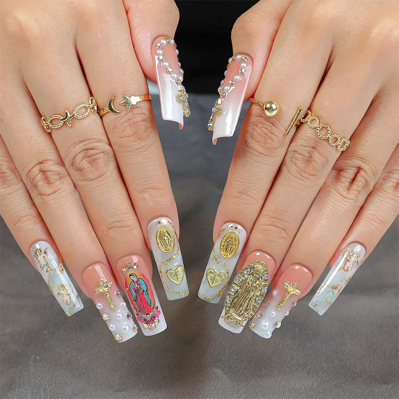 欧美纯手工穿戴甲十字架天使法式美甲甲片f nai