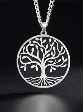 欧美时尚个性腐蚀抹蓝色镂空生命树女生吊坠情侣项链不锈钢毛衣链