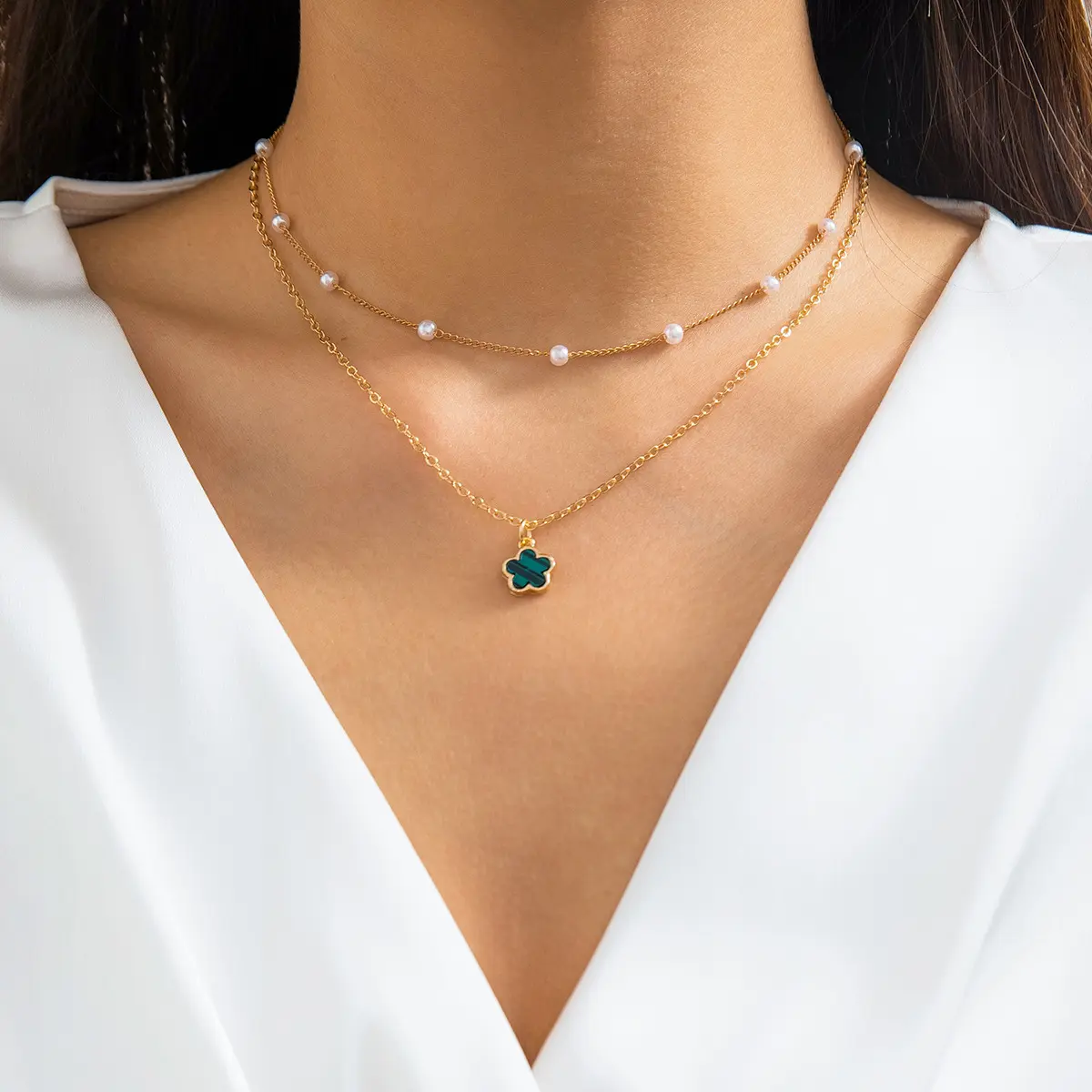 欧美简约仿珍珠串珠花朵项饰女气质五叶flower nelae项链